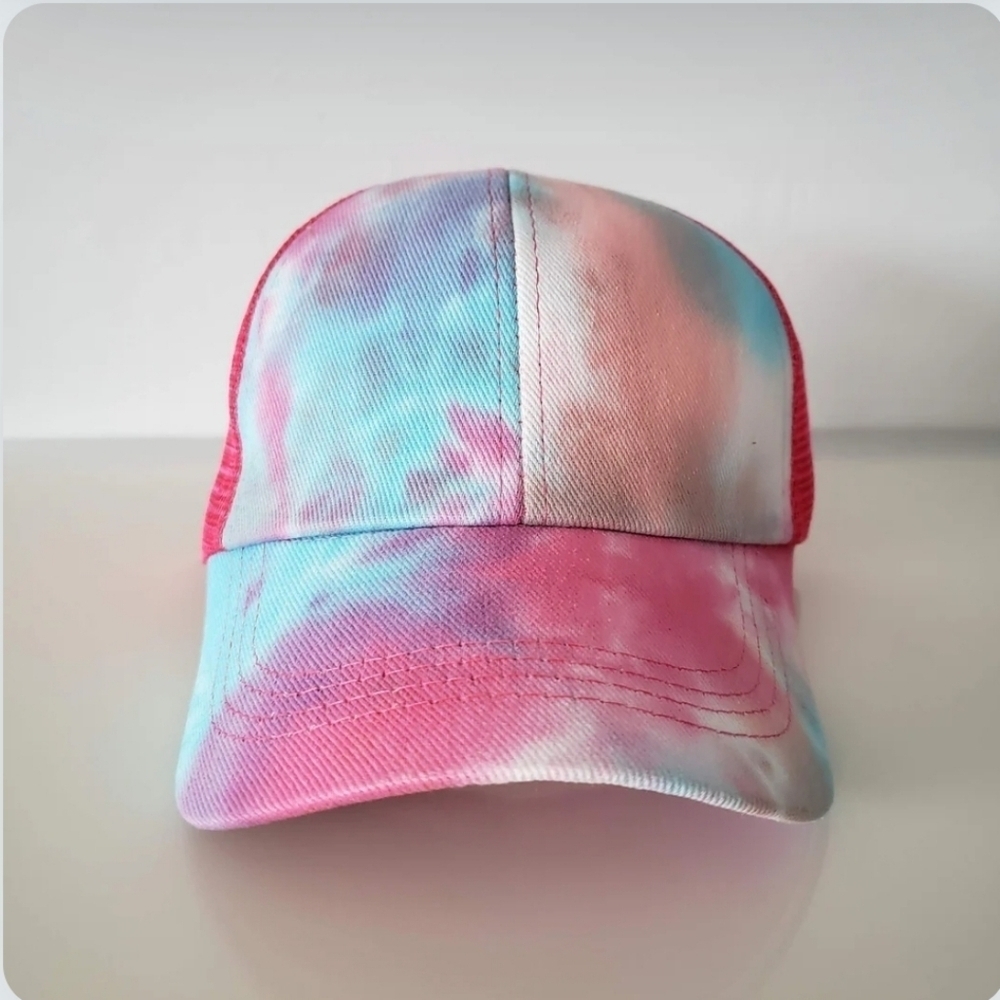 Tie Dye Ponytail Baseball Hat NWOT Pink, Aquq, Coral, Mesh Back Trucker C…